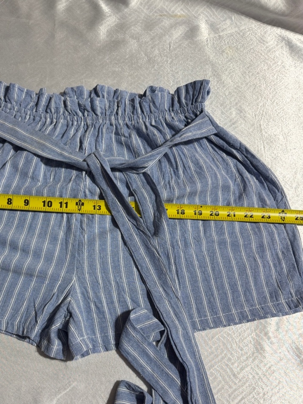 Striped High-Waist Paperbag Shorts with Self-Tie Belt — Blue